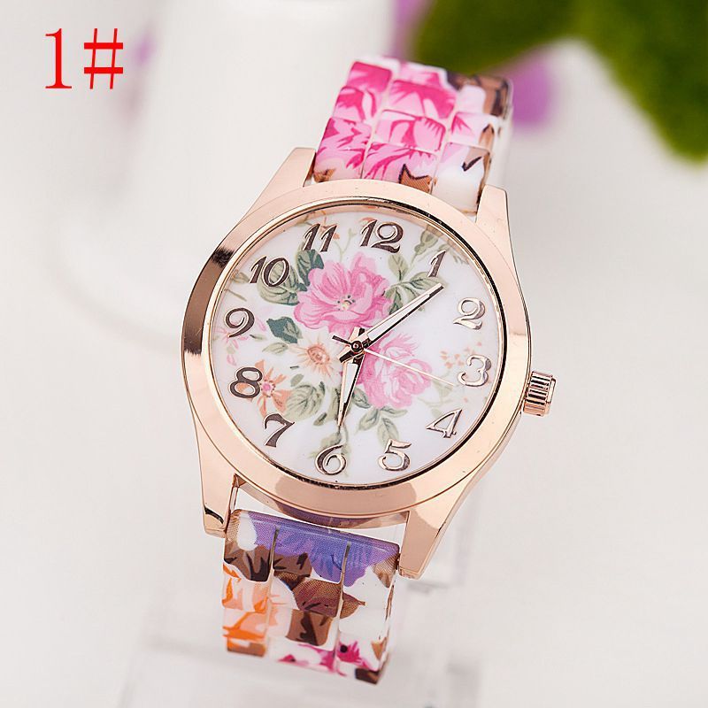 Ladies silicone quartz watch with floral pattern