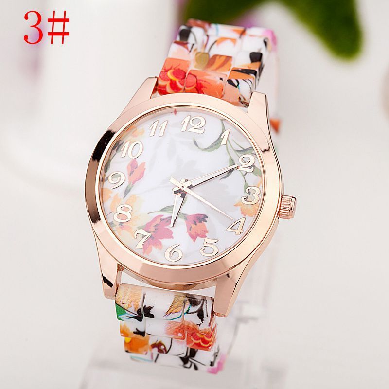 Ladies silicone quartz watch with floral pattern