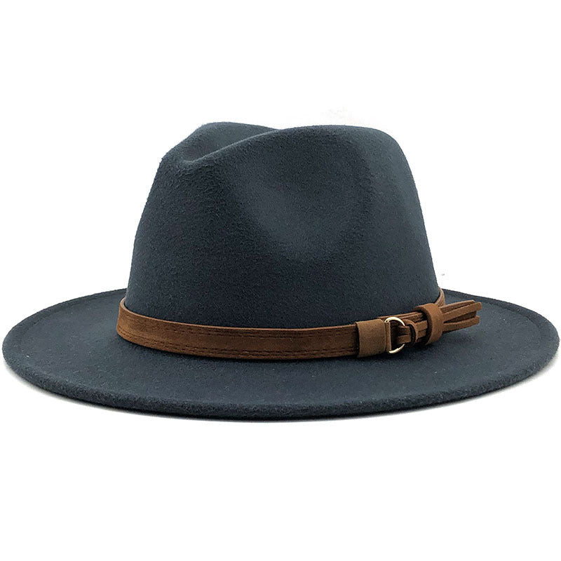 Simple Church Hat Suede Belt Woolen Hat British Style Fedora Hat Wide Brim Hat Women's Autumn And Winter Top Hat