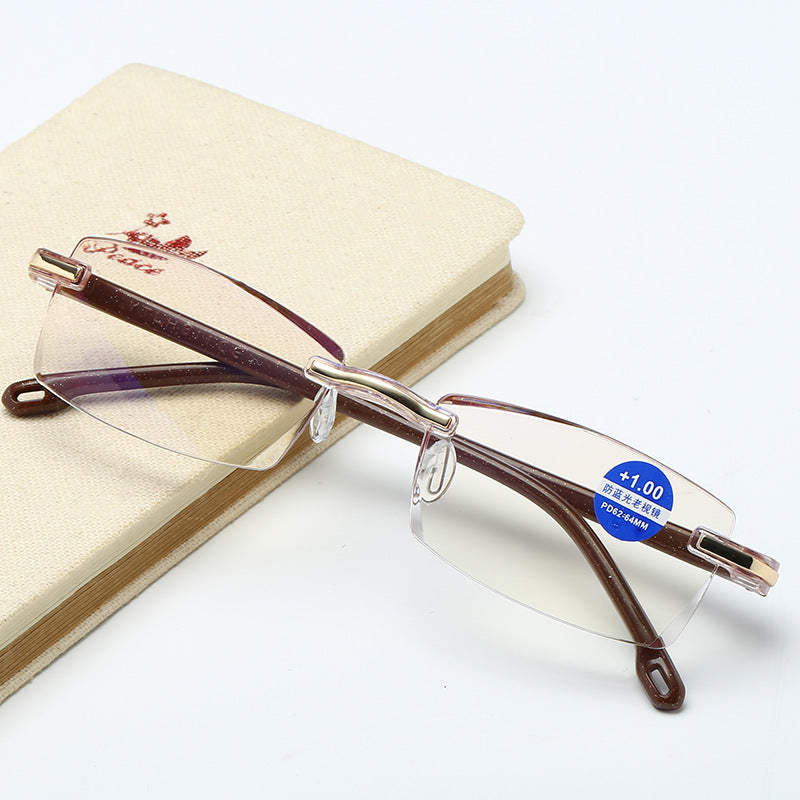 New Frameless Diamond Trimming Reading Glasses Comfortable Anti-blue Light Blue Film One Men's Glasses