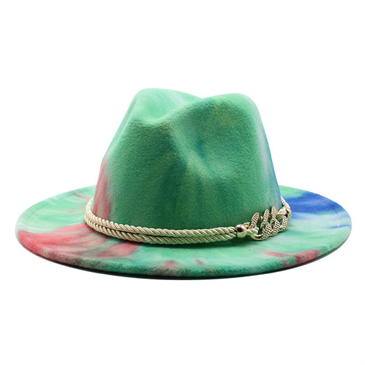 Tie-Dye Pink Woolen Cloth Gift Fashion Flat Brim Jazz Hat Felt Hat