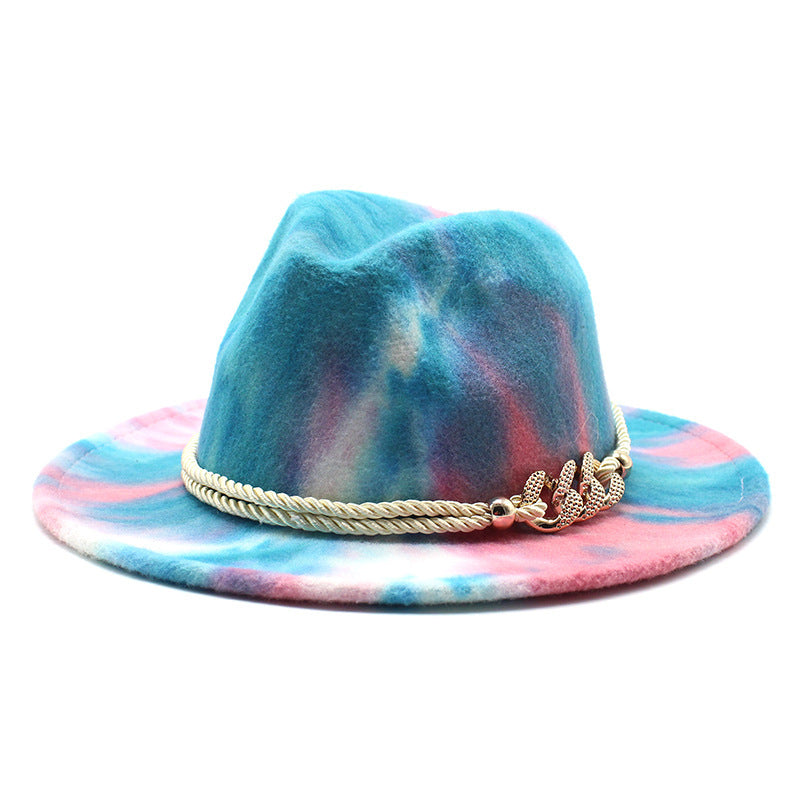 Tie-Dye Pink Woolen Cloth Gift Fashion Flat Brim Jazz Hat Felt Hat