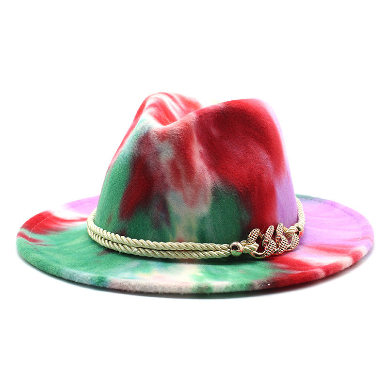 Tie-Dye Pink Woolen Cloth Gift Fashion Flat Brim Jazz Hat Felt Hat