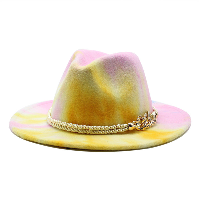 Tie-Dye Pink Woolen Cloth Gift Fashion Flat Brim Jazz Hat Felt Hat