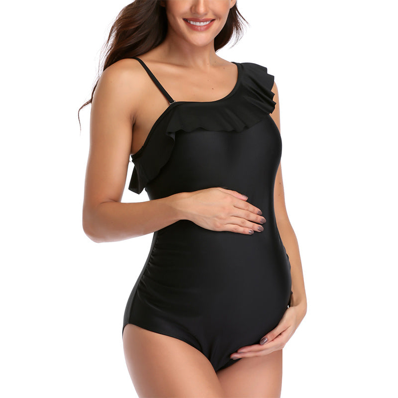 Maternity Swimsuit Oblique Shoulder Flashing Sexy One-Piece Solid Color Swimsuit