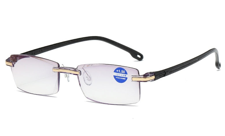 New Frameless Diamond Trimming Reading Glasses Comfortable Anti-blue Light Blue Film One Men's Glasses