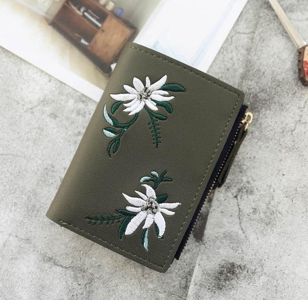 Embroidered thin zipper female wallet