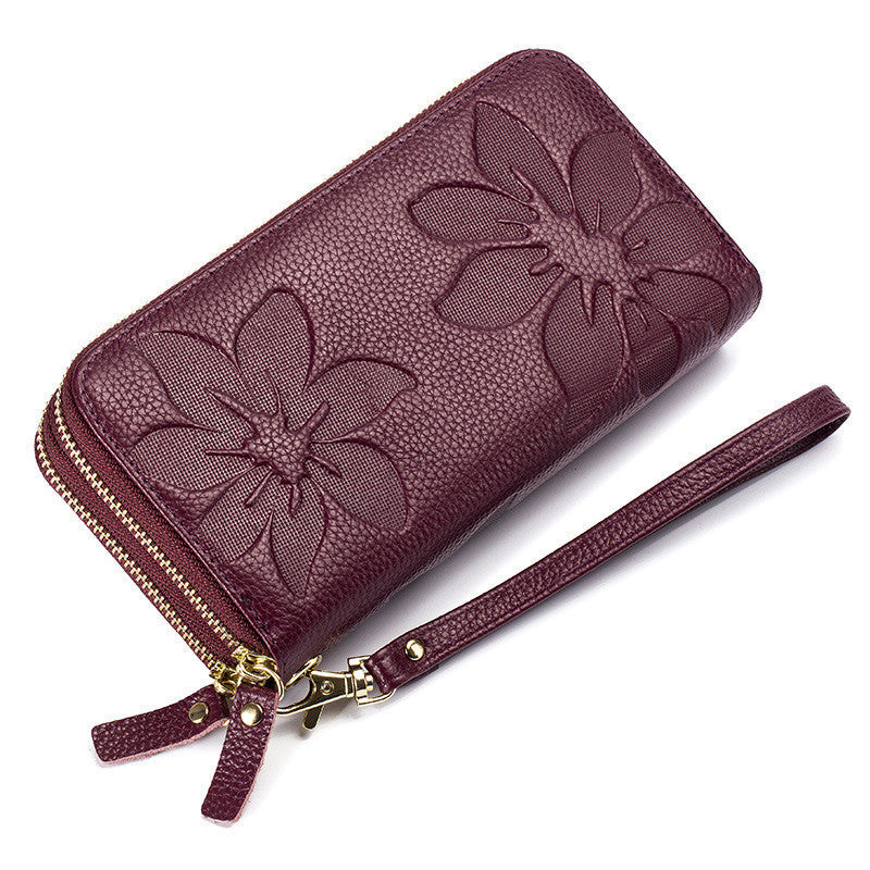 Ladies Double Zipper Leather Large Capacity Cowhide Wallet