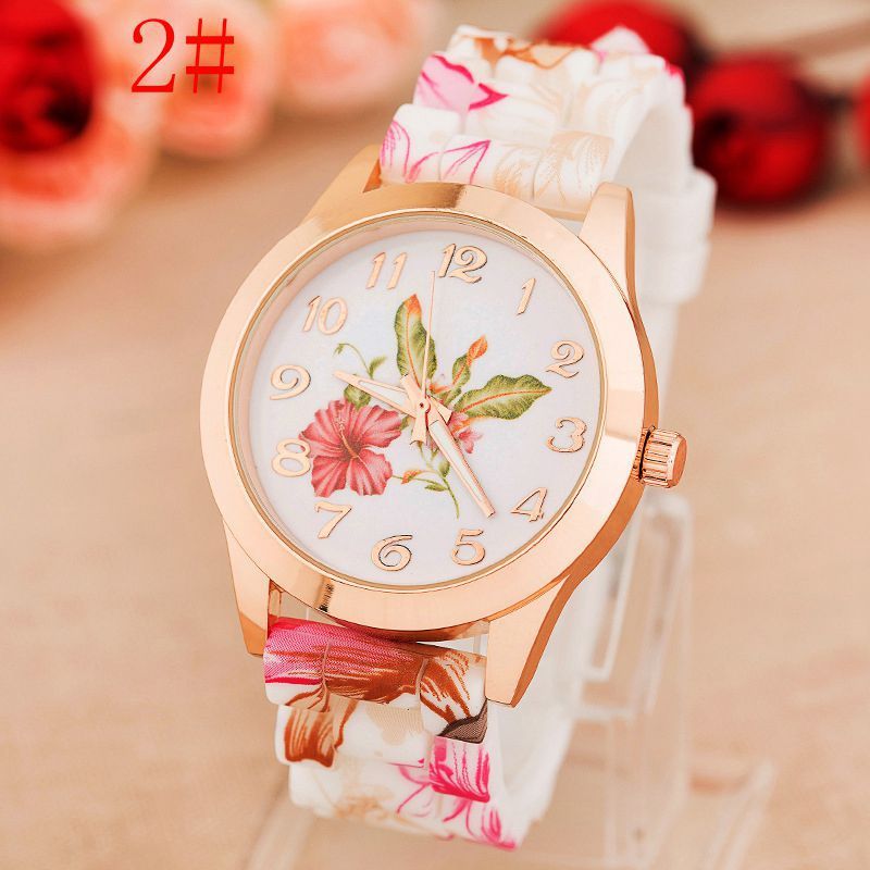 Ladies silicone quartz watch with floral pattern