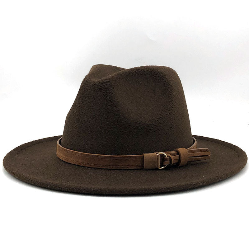 Simple Church Hat Suede Belt Woolen Hat British Style Fedora Hat Wide Brim Hat Women's Autumn And Winter Top Hat