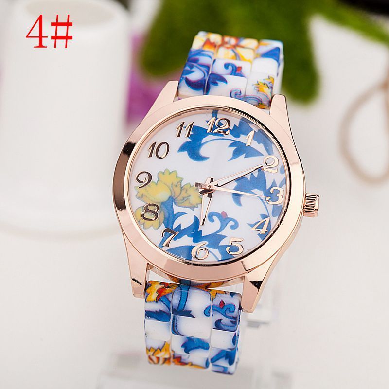 Ladies silicone quartz watch with floral pattern