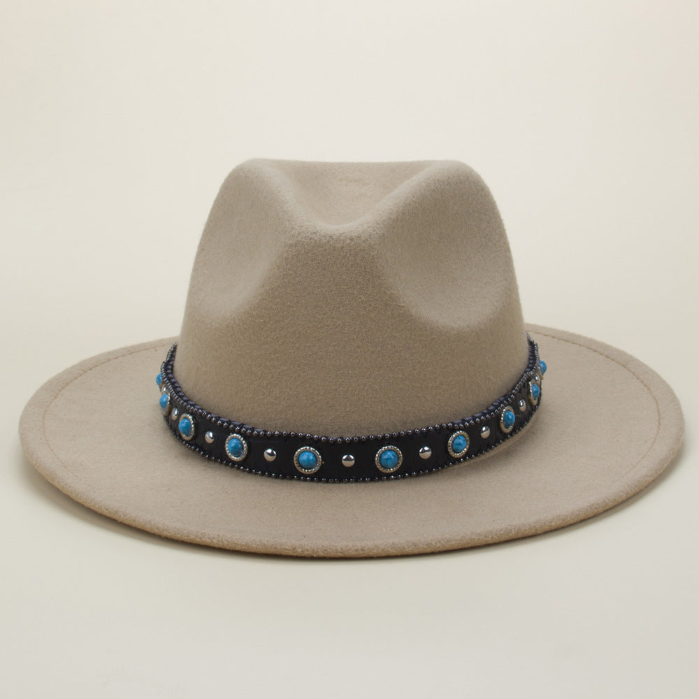 Bohemian Style Woven Leather Belt Denim Fur Felt Hat