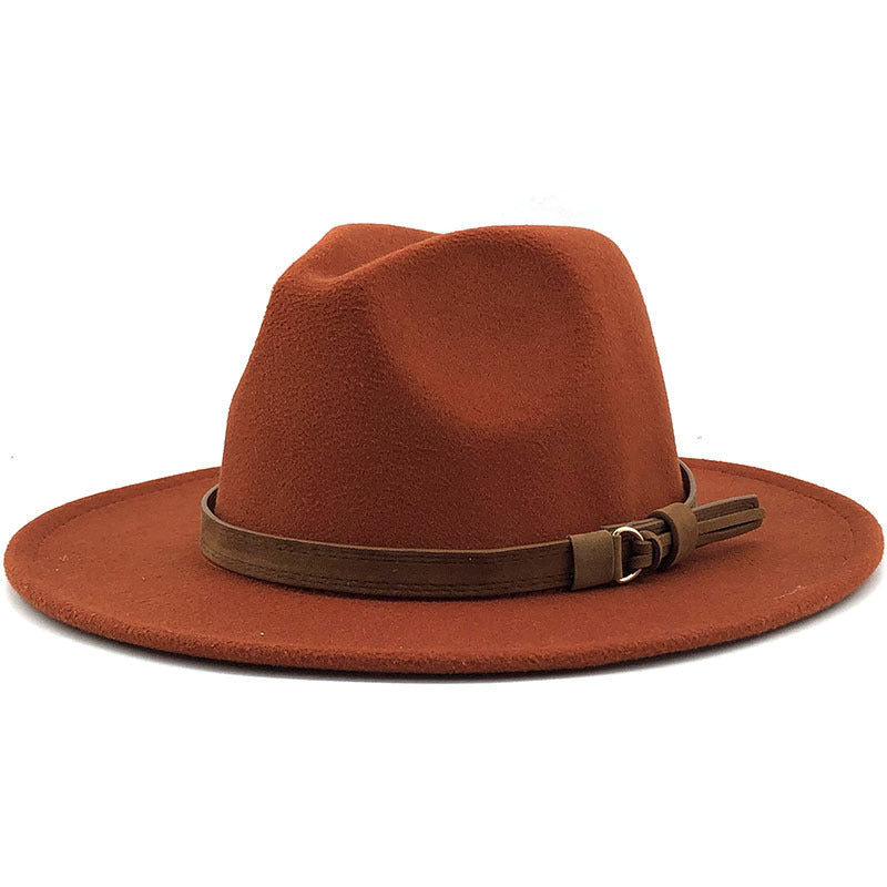 Simple Church Hat Suede Belt Woolen Hat British Style Fedora Hat Wide Brim Hat Women's Autumn And Winter Top Hat